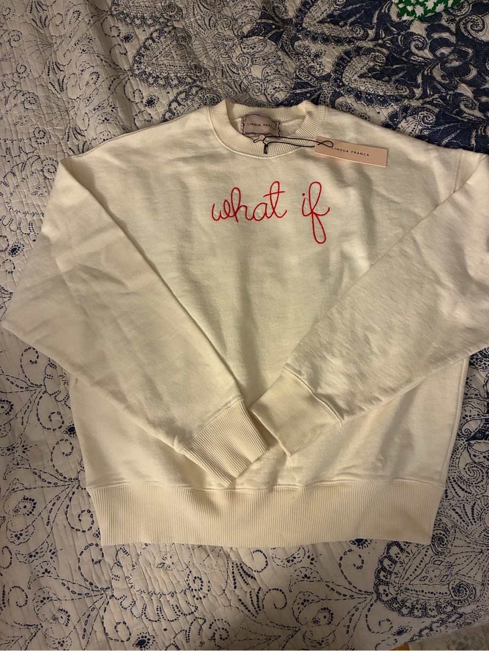 Cream 'what if' Embroidered Crewneck Sweatshirt by Lingua Franca - Medium